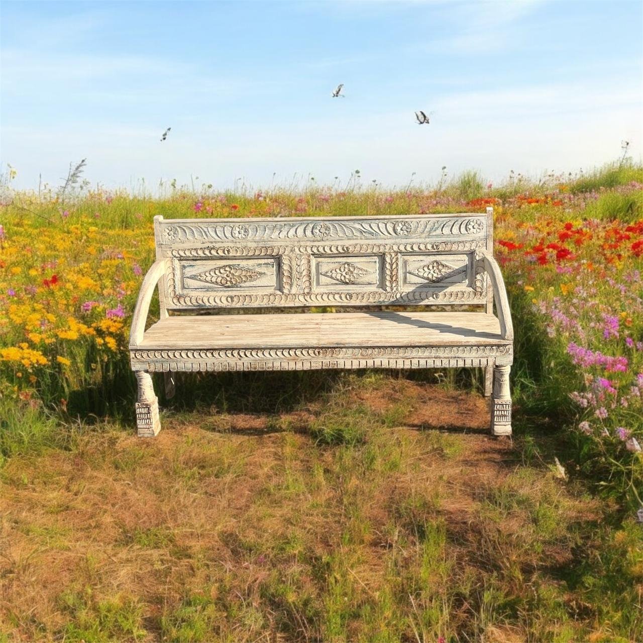 Mango Wood Carved Antique Garden Bench