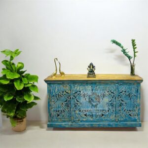 Mango Wood Carved Blue Sideboard