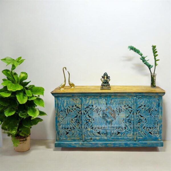 Mango Wood Carved Blue Sideboard