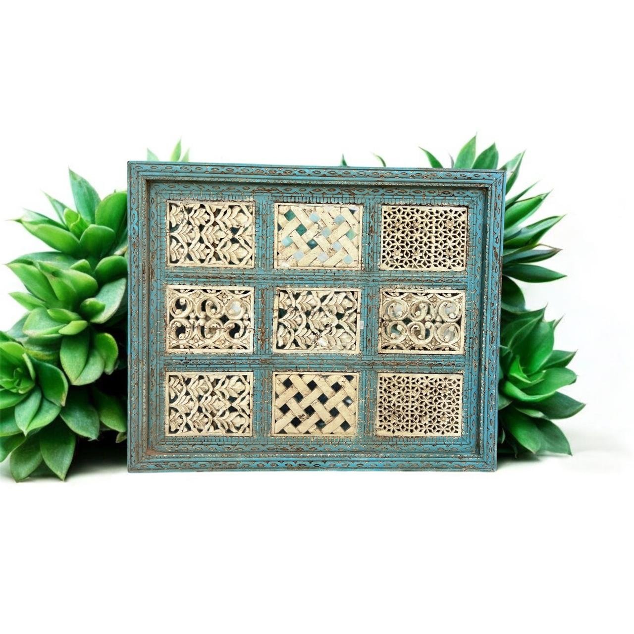 Mango Wood Carved Wall Hanging with Blue Borders