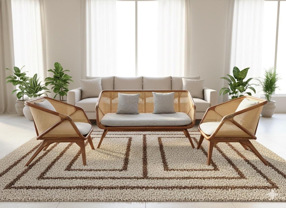 Handcrafted Mid-Century Modern Teak & Rattan Living Room Set - Image 5