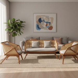 Handcrafted Mid-Century Modern Teak & Rattan Living Room Set