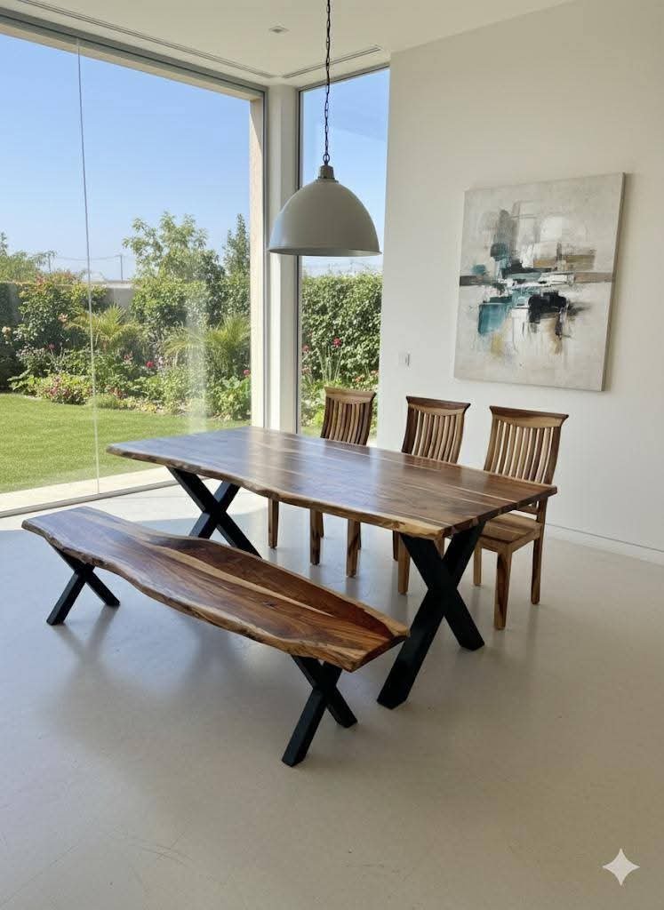 Solid Wood Live-Edge Dining Table Set (Table + 3 Chairs + Bench)