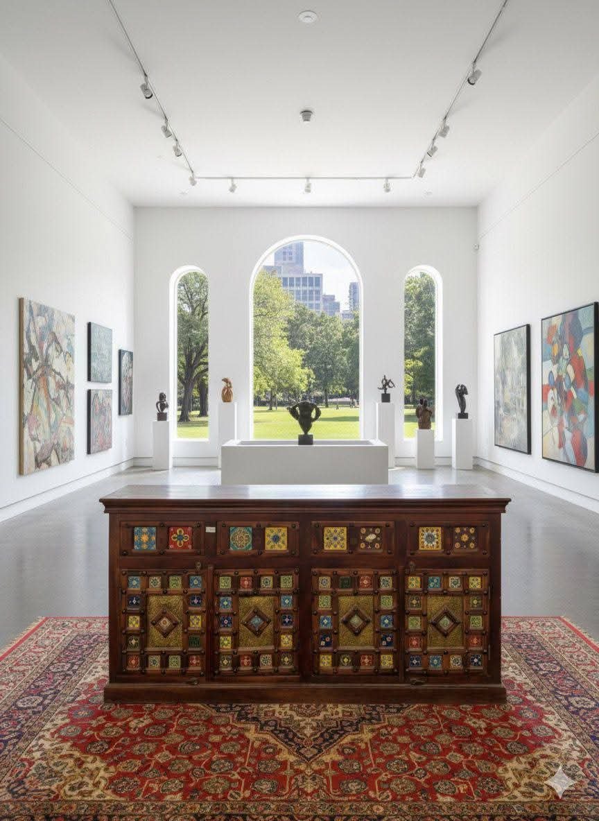 Handcrafted Rajasthani Wooden Sideboard with Colorful Tile Work - Image 4