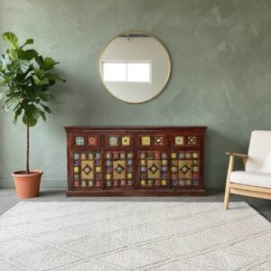 Handcrafted Rajasthani Wooden Sideboard with Colorful Tile Work