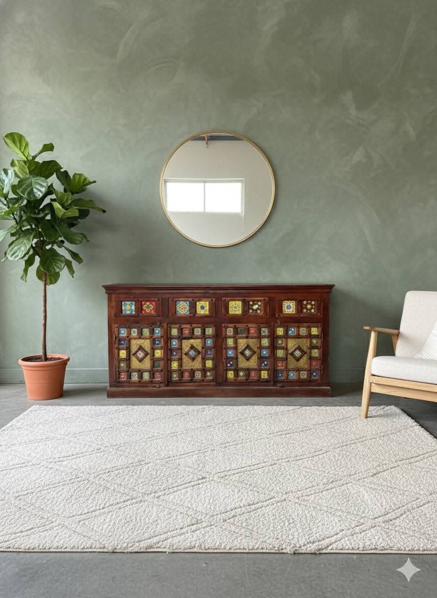 Handcrafted Rajasthani Wooden Sideboard with Colorful Tile Work