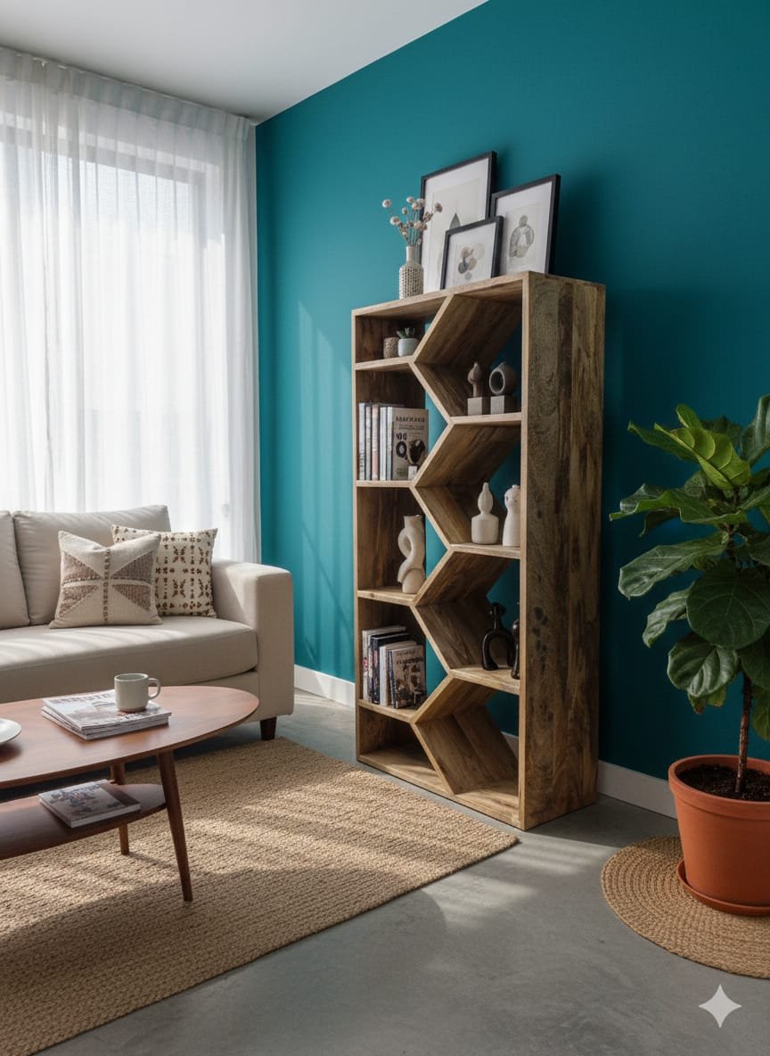 Architectural Mango Wood Geometric Bookshelf