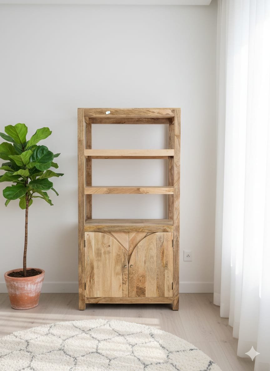 Handcrafted Mango Wood Bookshelf with Arched Cabinet