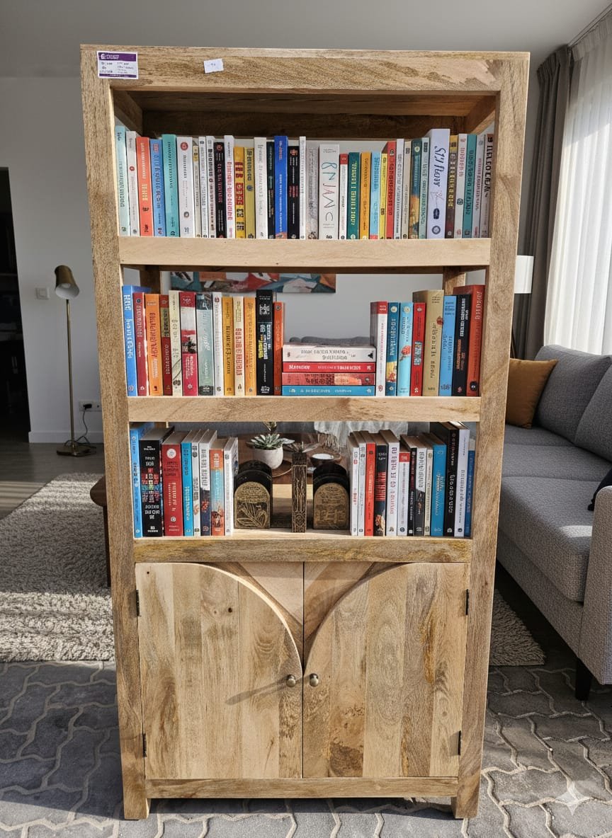 Handcrafted Mango Wood Bookshelf with Arched Cabinet - Image 3