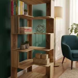 Handcrafted Solid Mango Wood Geometric Bookshelf