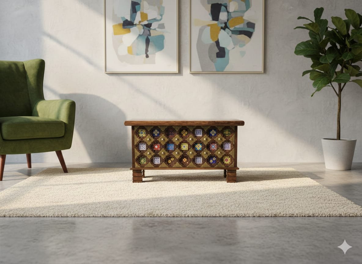 Exquisite Handcrafted Artisan Sandook – Brass & Tile Inlay - Image 4