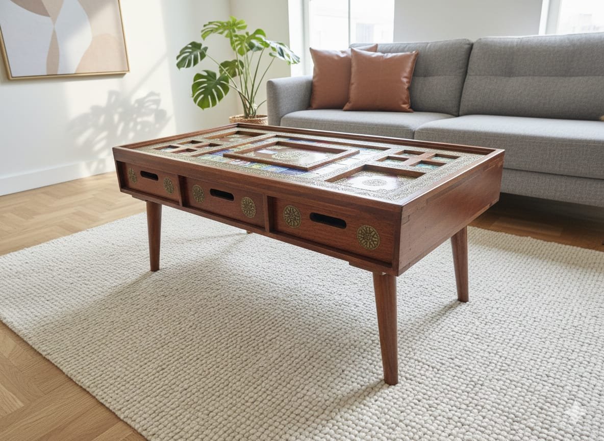 Timeless Craftsmanship: The Brass and Tile-Inlay Carved Coffee Table