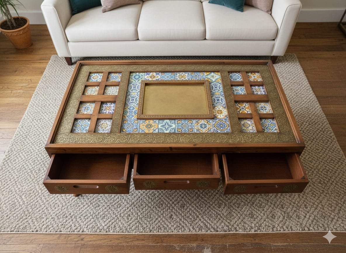Timeless Craftsmanship: The Brass and Tile-Inlay Carved Coffee Table - Image 3