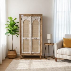 The Bohemian Archway Wardrobe | Hand-Carved Wood & Rattan Armoire