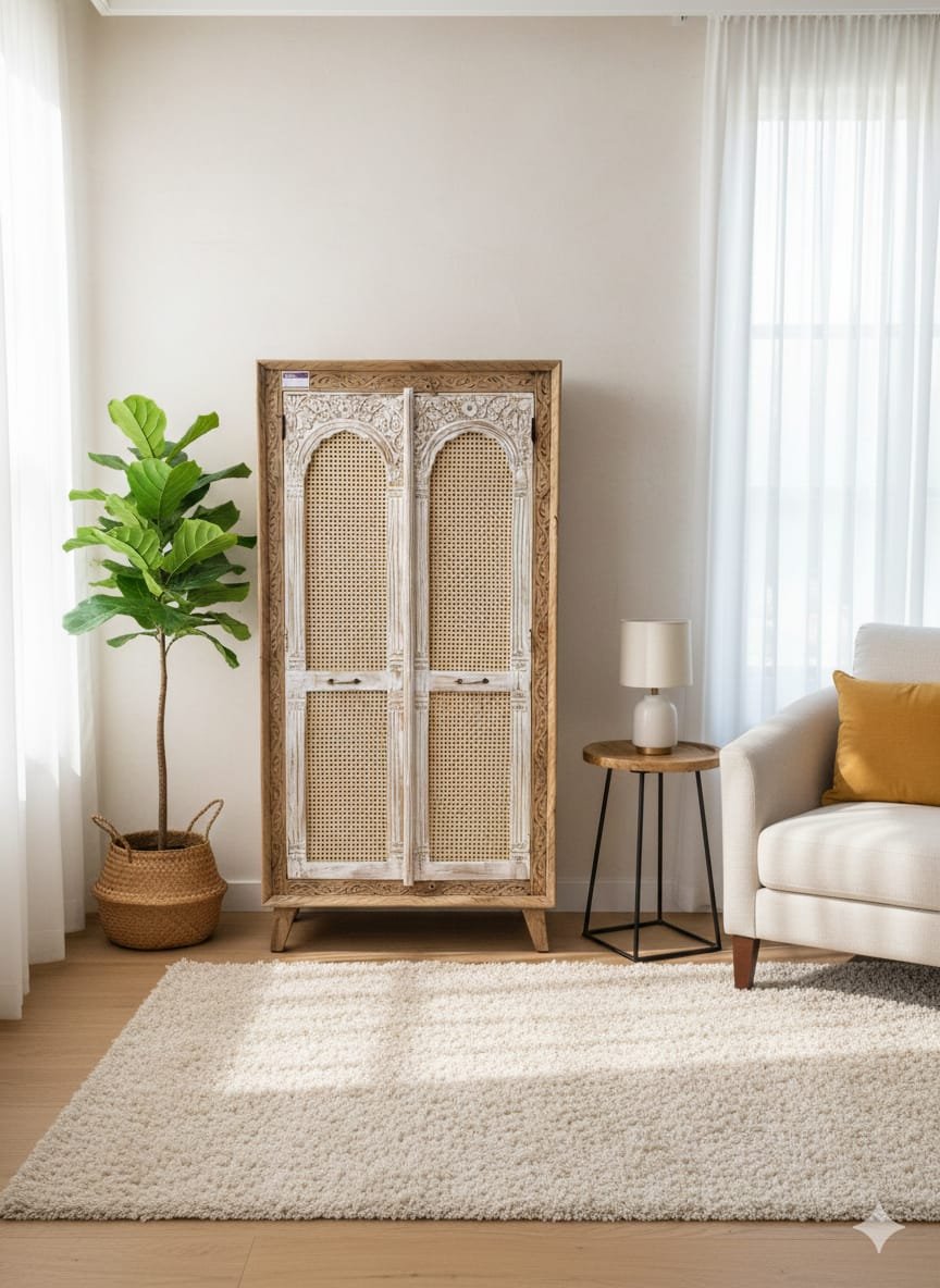 The Bohemian Archway Wardrobe | Hand-Carved Wood & Rattan Armoire
