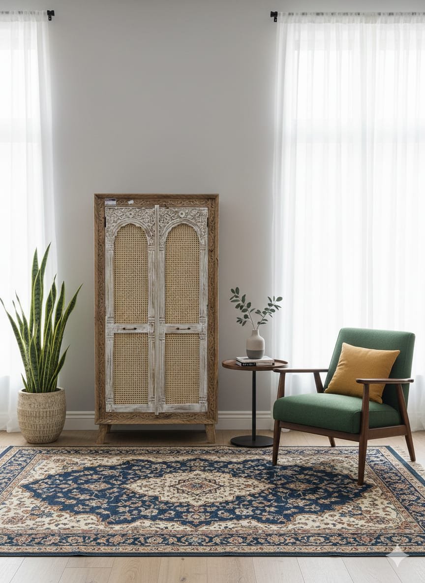 The Bohemian Archway Wardrobe | Hand-Carved Wood & Rattan Armoire - Image 2