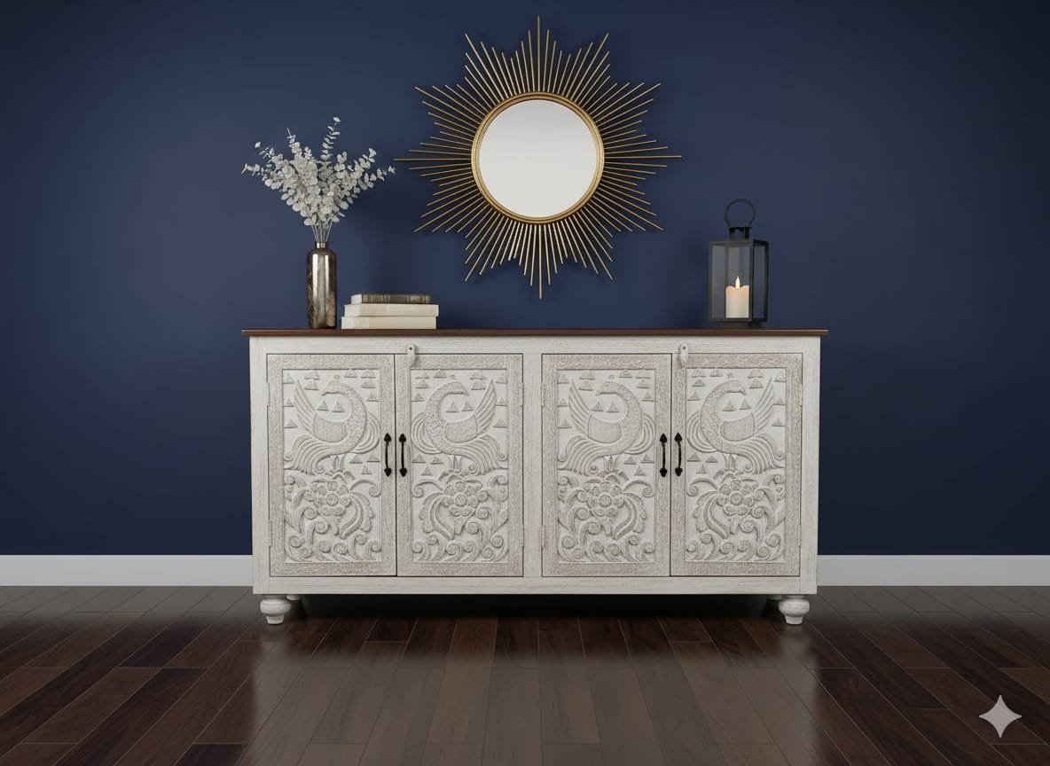 Hand-Carved Peacock Medallion Sideboard