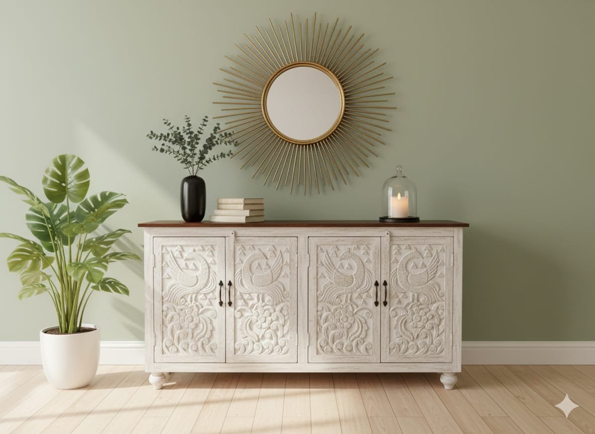 Hand-Carved Peacock Medallion Sideboard - Image 2