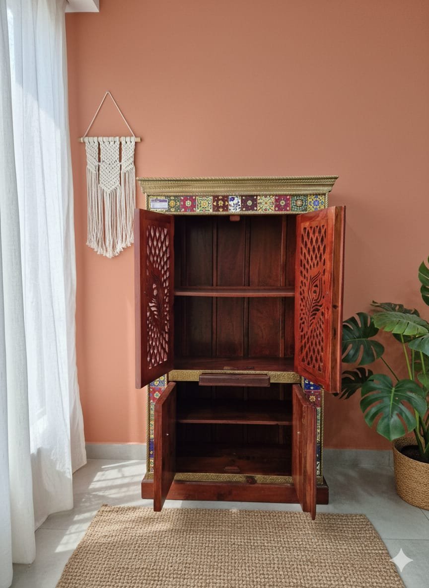 Exquisite Hand-Painted Peacock Jali Wood Mandir – Available in 3 Sizes - Image 5