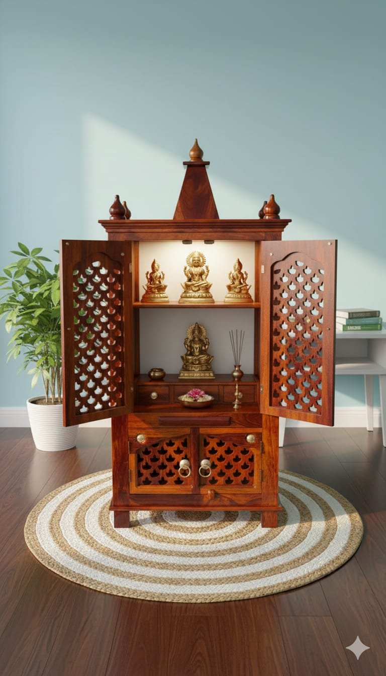 Handcrafted Sheesham Wood Puja Mandir – Traditional Jali Design - Image 4