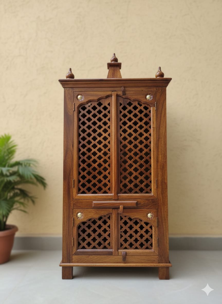 Handcrafted Sheesham Wood Puja Mandir – Traditional Jali Design - Image 2