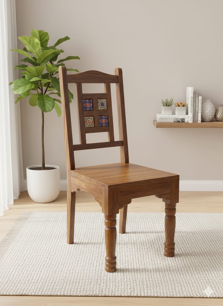 Handcrafted Artisan Solid Wood Chair with Tile Accents