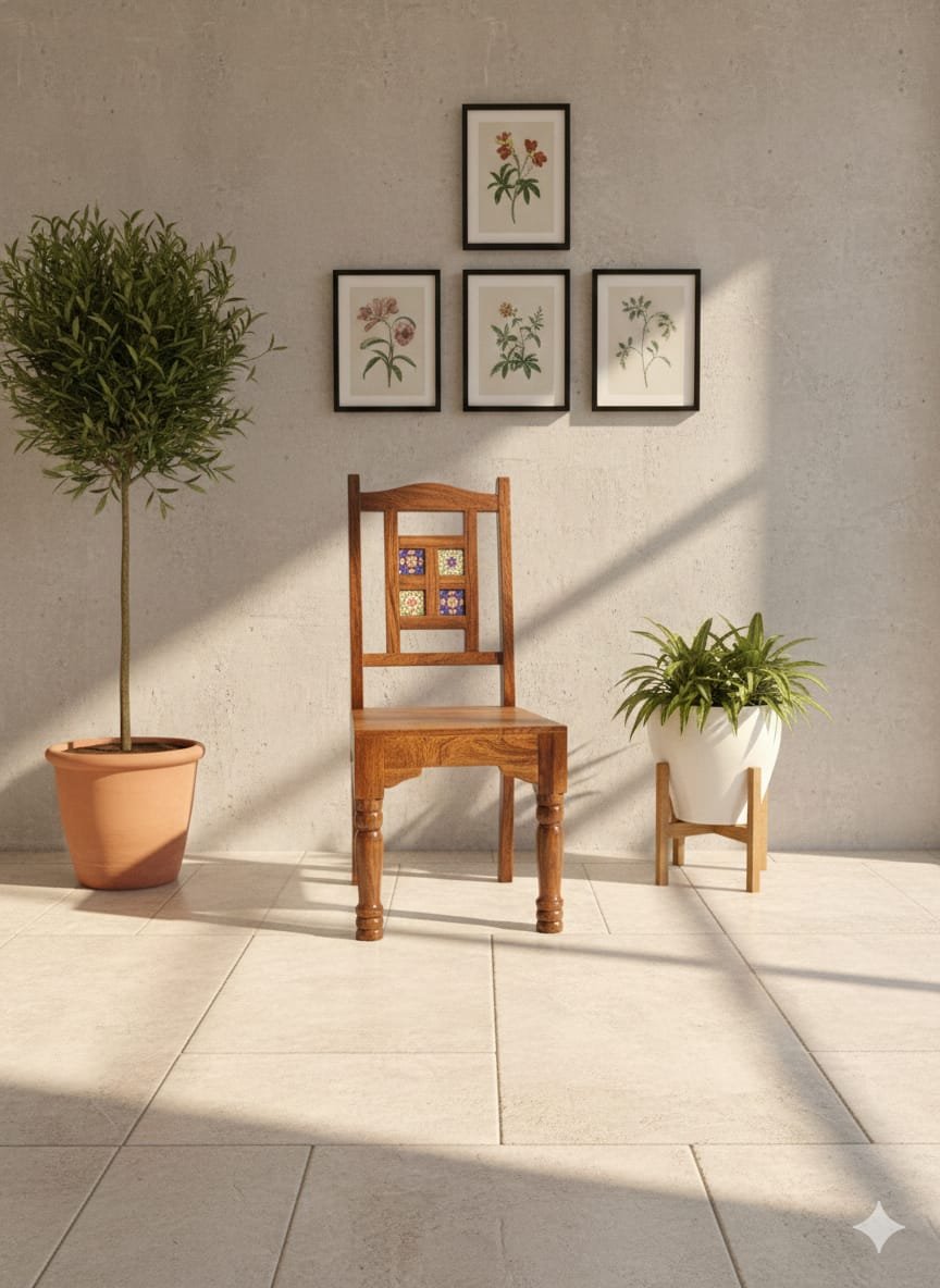 Handcrafted Artisan Solid Wood Chair with Tile Accents - Image 4