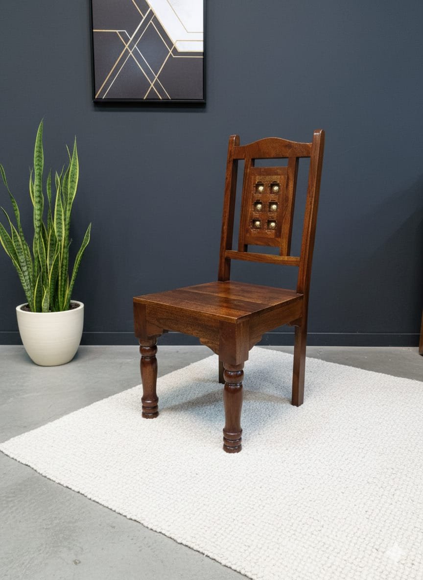 Handcrafted Solid Wood Accent Chair with Brass Stud Inlays