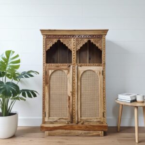 Handcrafted Teak & Rattan Arched Cabinet