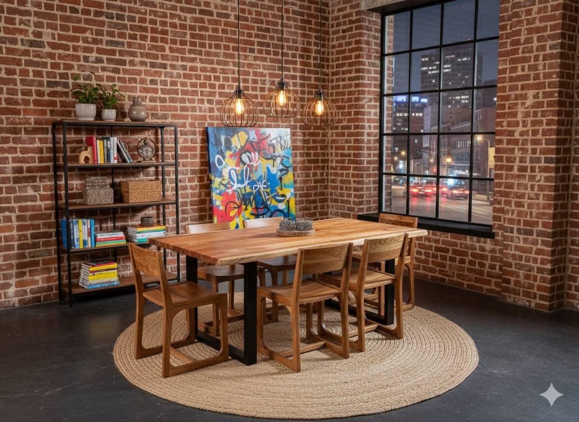 Solid Acacia Live-Edge Dining Table & 6-Chair Artisan Set