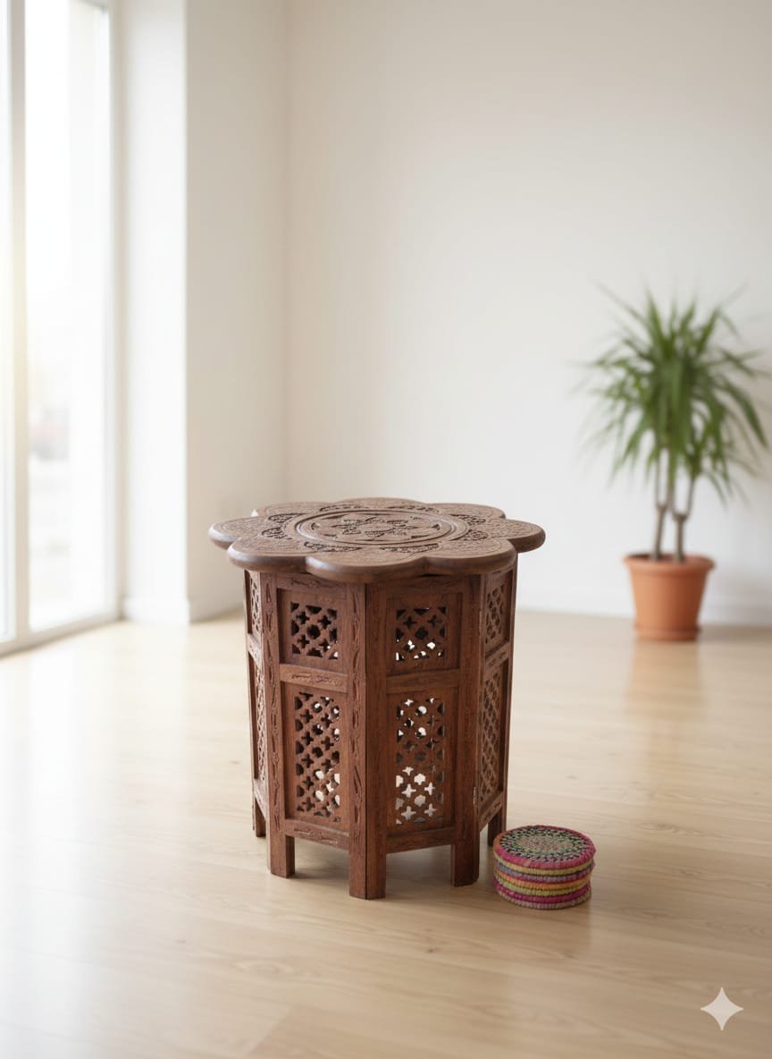 Hand-Carved Floral Octagonal Folding Table