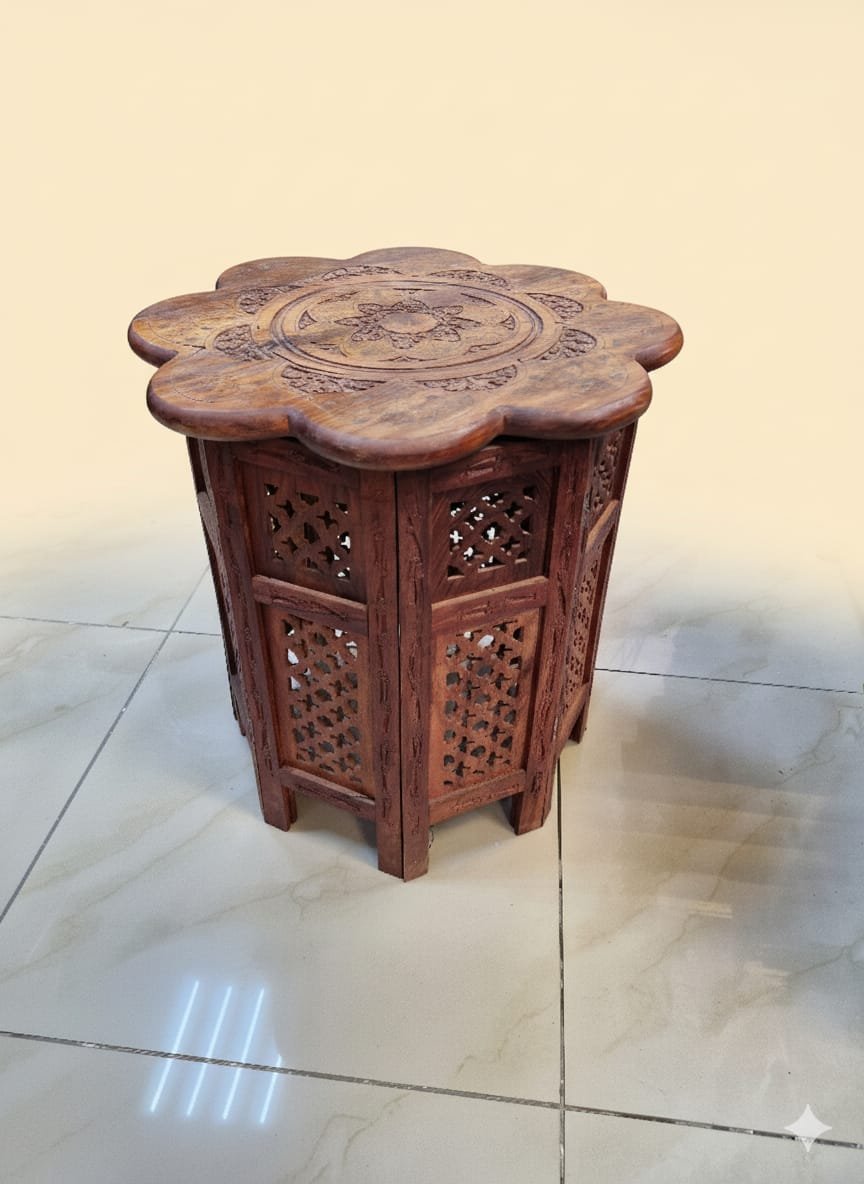 Hand-Carved Floral Octagonal Folding Table - Image 3