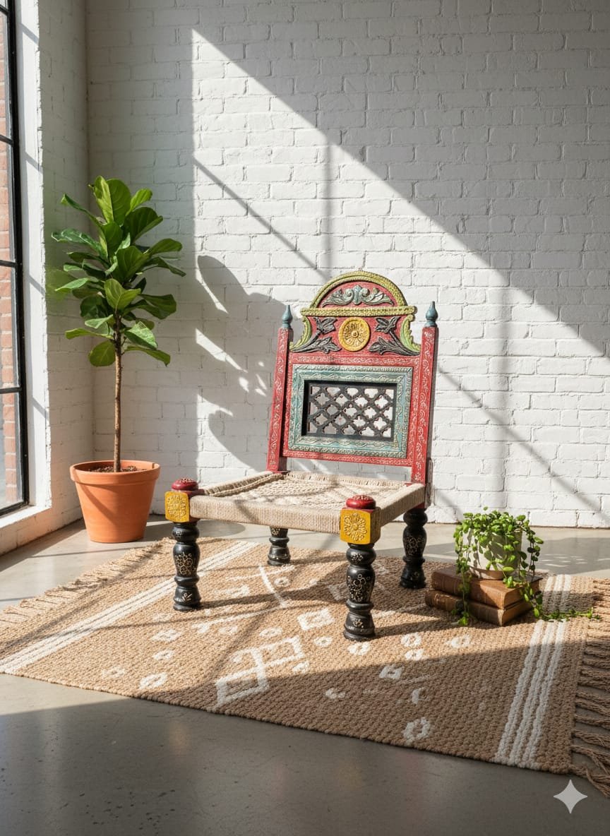 Hand-Painted Ethnic Accent Charpai Chair