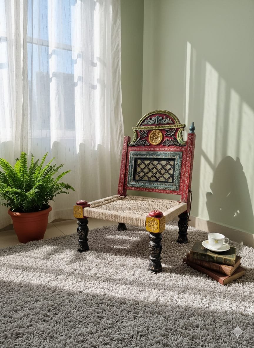 Hand-Painted Ethnic Accent Charpai Chair - Image 4