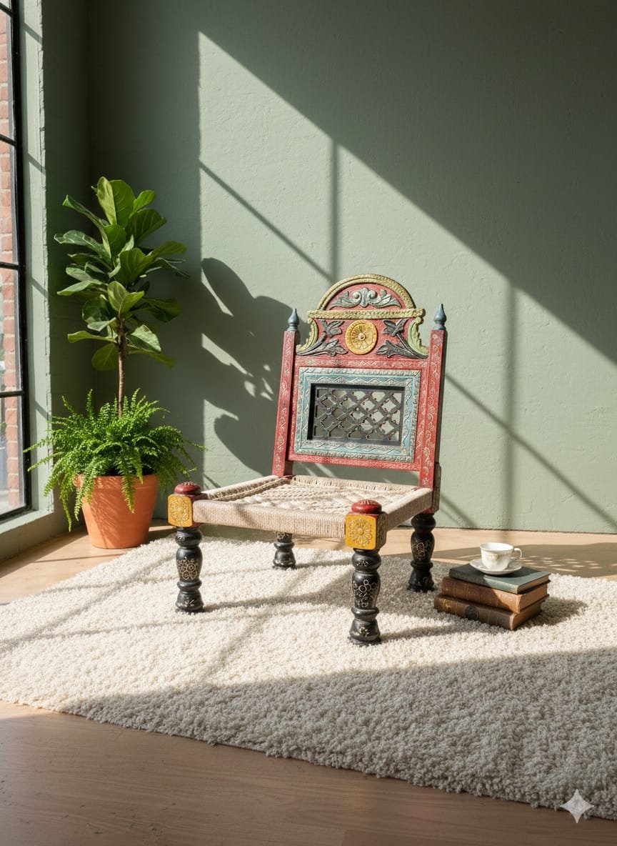 Hand-Painted Ethnic Accent Charpai Chair - Image 5