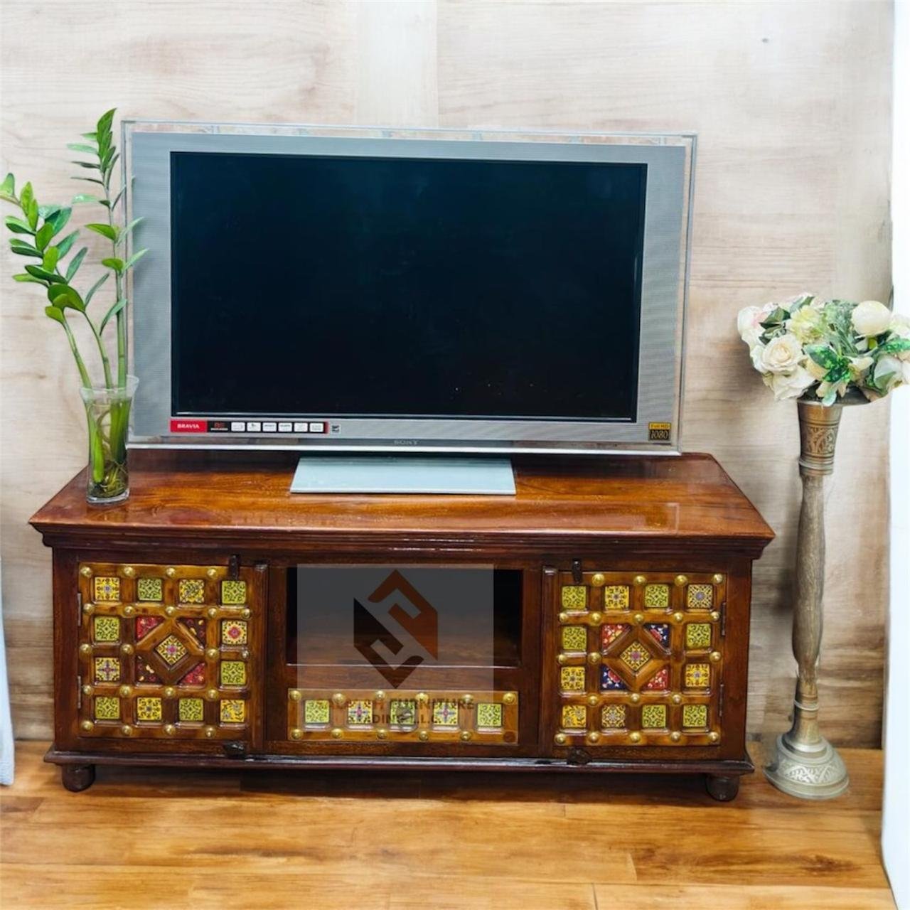 Mango Wood Rajasthani Style TV Stand with tile Fittings