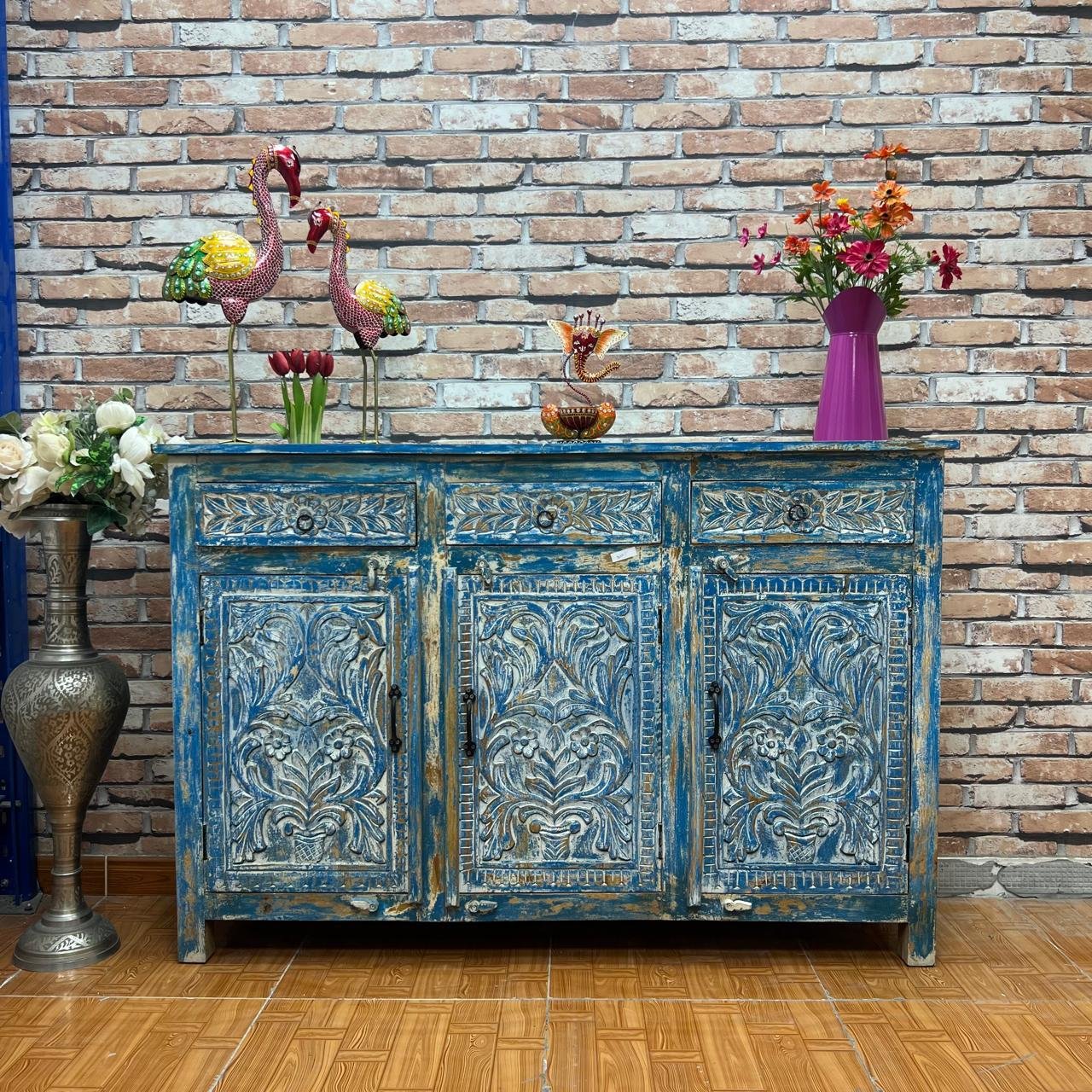 Mango Wood Blue Carved Sideboard
